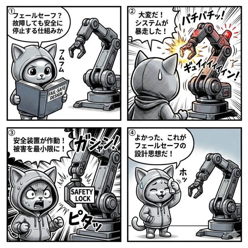 銀色の猫キャラクター「デプロイ太郎」が、ロボットアームの暴走とその安全停止を通じて、システムが故障しても安全を維持する「フェールセーフ」の仕組みを解説する4コマ漫画。