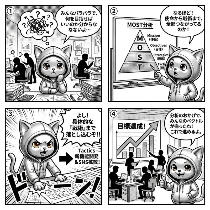 デプロイ太郎が「MOST分析」を用いて、組織の使命から戦術までの繋がりを理解し、チームの方向性を統一して目標達成へ導く4コマ漫画。