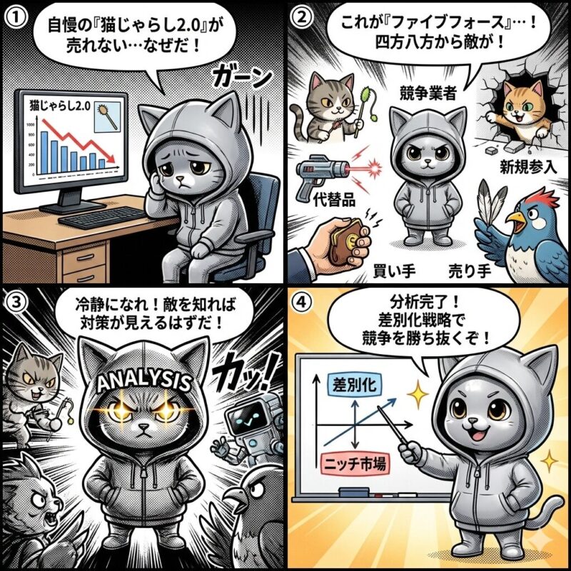 銀色の猫キャラクター「デプロイ太郎」が、競争環境を分析するフレームワーク「ファイブフォース分析」を用いて、自社製品の売上不振の原因を特定し、差別化戦略を立案するまでの4コマ漫画。