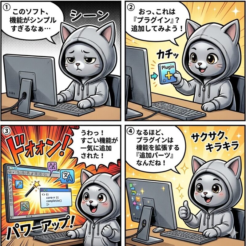 銀色の猫キャラクター「デプロイ太郎」が、ソフトウェアに「プラグイン」を追加して機能を拡張し、パワーアップさせる様子を描いた4コマ漫画。