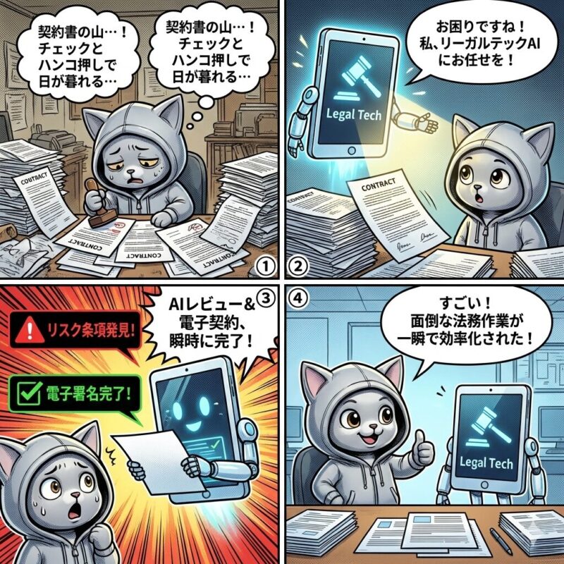 デプロイ太郎が大量の契約書作業に苦戦するが、リーガルテックAIの導入により契約書レビューや電子署名が瞬時に完了し、法務業務が劇的に効率化される様子を描いた4コマ漫画。