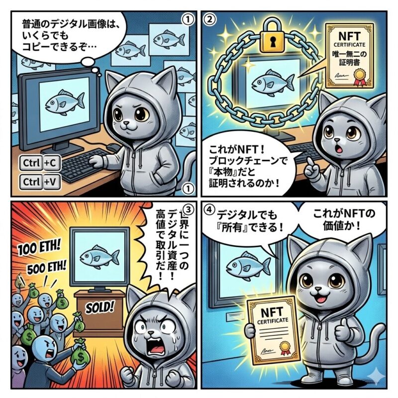 コピー容易なデジタルデータが、ブロックチェーン技術に基づくNFT証明書によって唯一無二の資産となり、価値を持つ過程を解説する4コマ漫画。