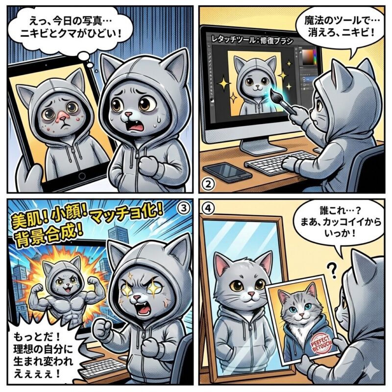 写真写りの悪さに悩む主人公が、レタッチツールを使って過剰な画像加工を行い、最終的に別人レベルの写真に満足する様子を描いた4コマ漫画。