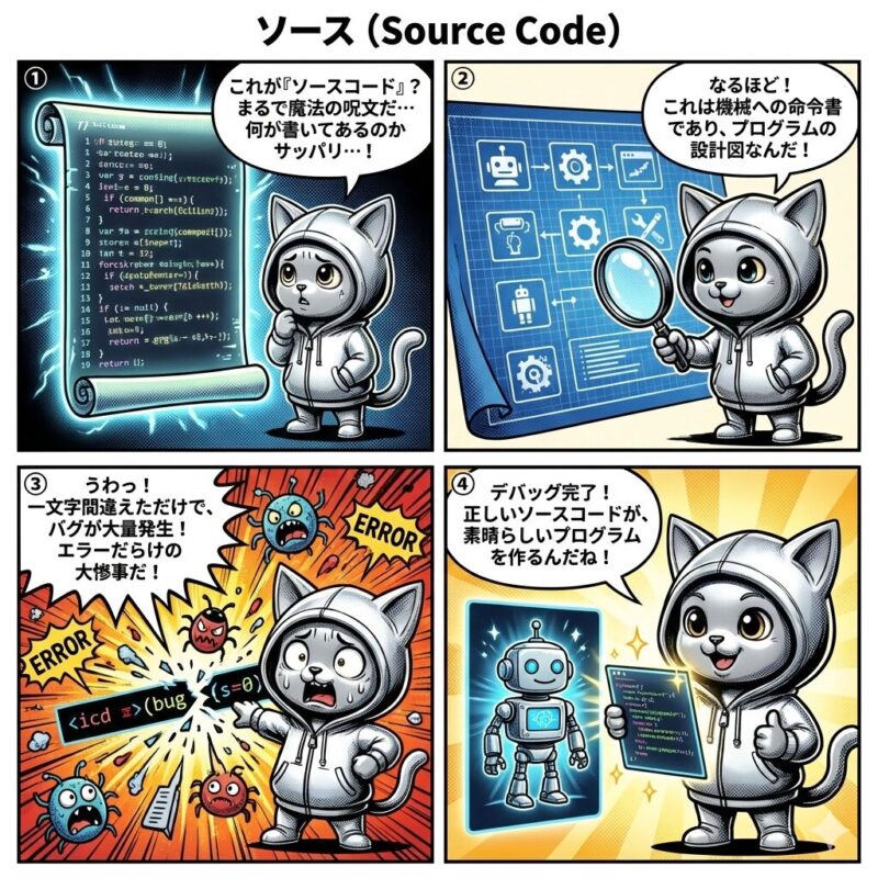 デプロイ太郎が、プログラムの設計図である「ソースコード」の役割と、記述ミスがバグを引き起こす重要性を解説する4コマ漫画。