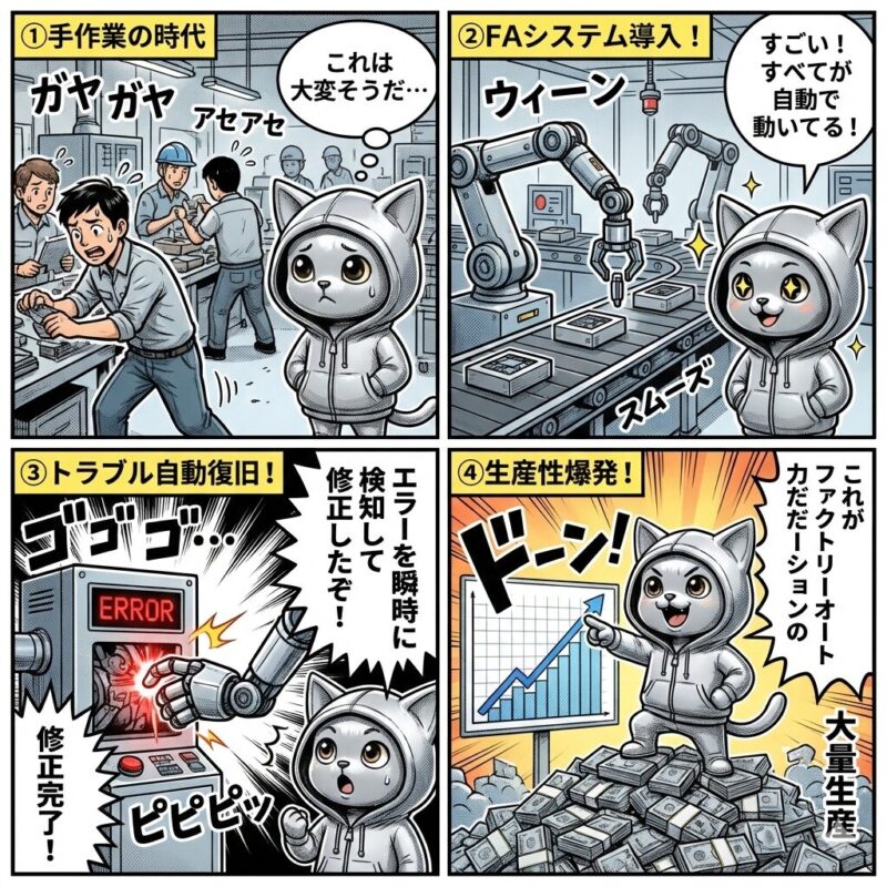 銀色の猫キャラクター「デプロイ太郎」が、工場のファクトリーオートメーション(FA)導入による自動化と生産性向上の効果を解説する4コマ漫画。