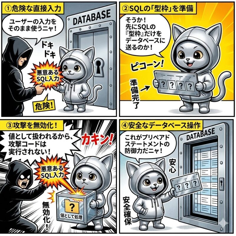 銀色の猫キャラクター「デプロイ太郎」が、プリペアドステートメントを用いて悪意あるSQLインジェクション攻撃を無効化し、データベースを安全に操作する仕組みを解説する4コマ漫画。