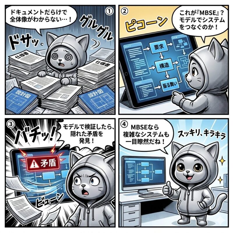 銀色の猫キャラクター「デプロイ太郎」が、膨大なドキュメントに依存した開発の課題を解決する「MBSE(モデルベースシステムズエンジニアリング)」の仕組みとメリットを解説する4コマ漫画。