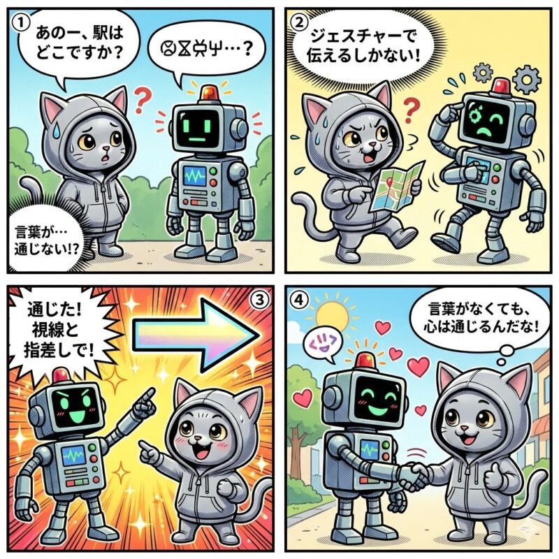 言語が通じないロボットに対し、身振り手振りや視線などのノンバーバル・コミュニケーションを用いて意思疎通に成功する様子を描いた4コマ漫画。