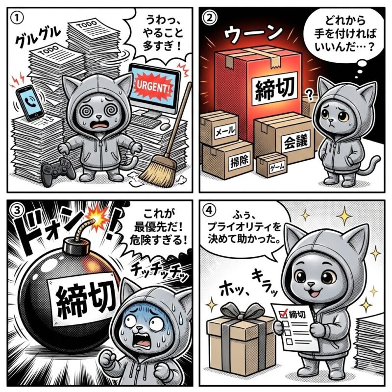 銀色の猫キャラクター「デプロイ太郎」が、膨大なタスクの中で「プライオリティ(優先順位)」を決めることの重要性を学ぶ4コマ漫画。