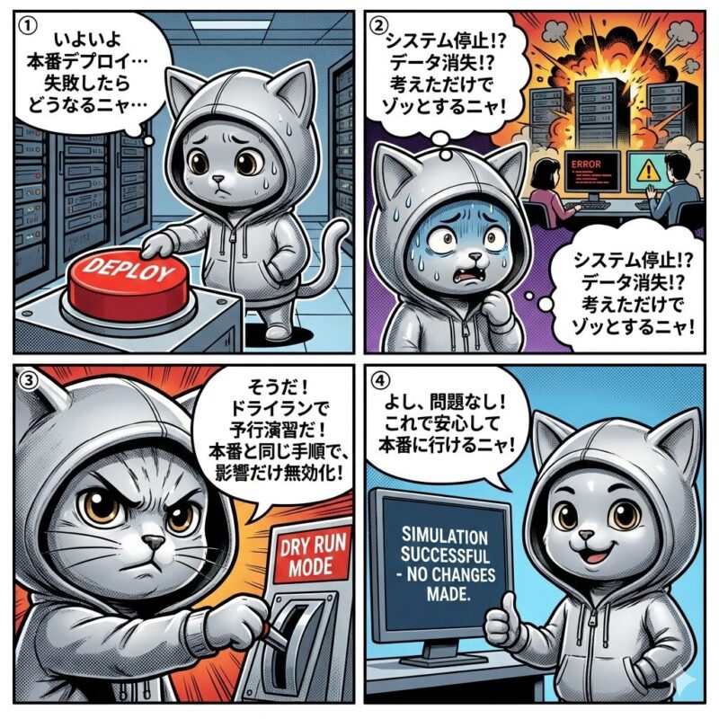 銀色のパーカーを着た猫のキャラクター「デプロイ太郎」が、システムの本番デプロイ前に「ドライラン(予行演習)」を行い、リスクを回避して安全を確認する様子を描いた4コマ漫画。
