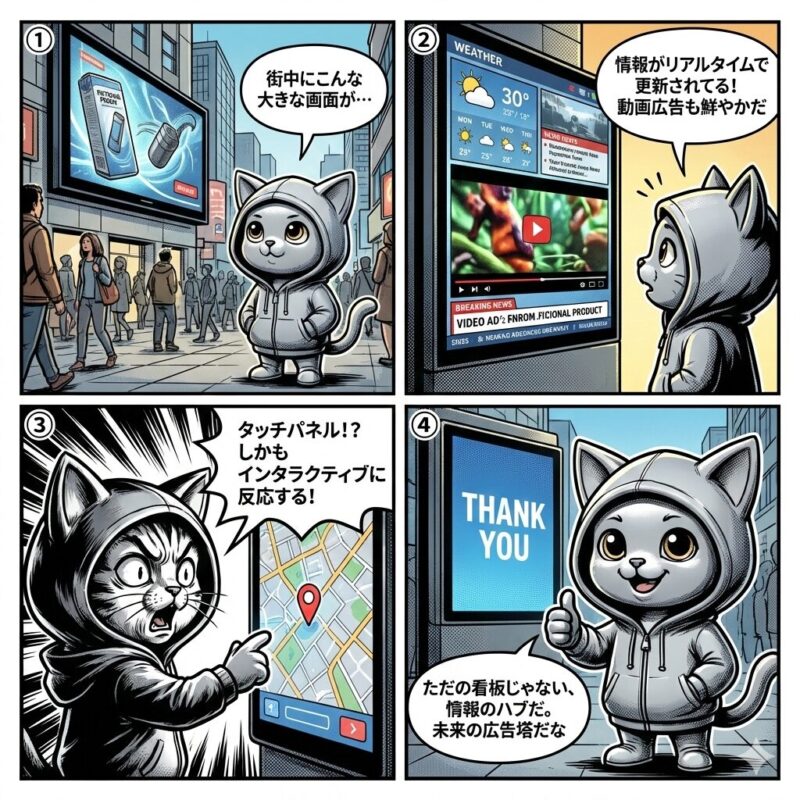 デジタルサイネージのリアルタイム更新やインタラクティブな機能を、デプロイ太郎が解説する4コマ漫画。