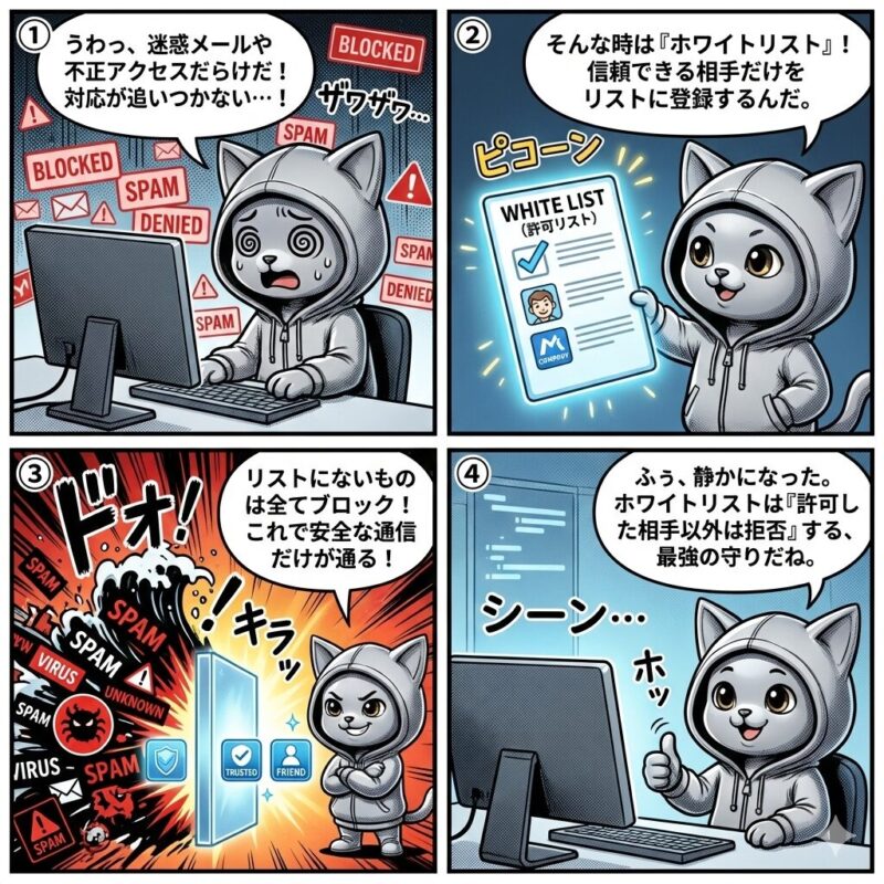 銀色の猫キャラクター「デプロイ太郎」が、許可した対象のみアクセスを許可するセキュリティ対策「ホワイトリスト」の仕組みと効果を解説する4コマ漫画。