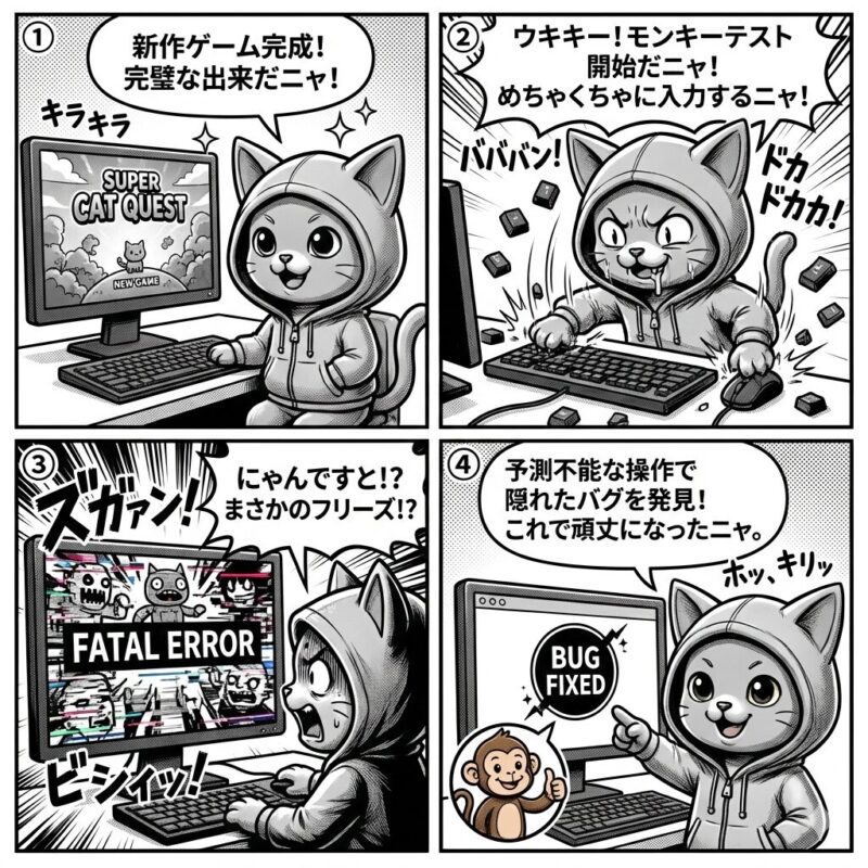 銀色の猫キャラクター「デプロイ太郎」が、ソフトウェアのテスト手法「モンキーテスト」の目的と効果を解説する4コマ漫画。