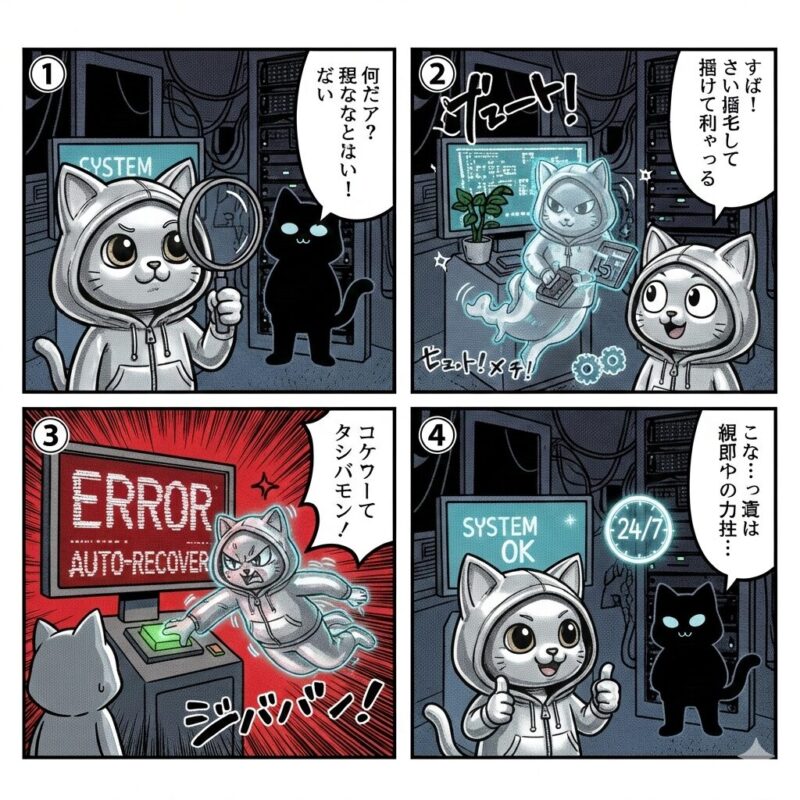 デプロイ太郎がIT用語の「デーモン」を解説する4コマ漫画。OSのバックグラウンドで常駐し、ユーザーの裏側でシステムを守り続ける役割をユーモラスに描いている。
