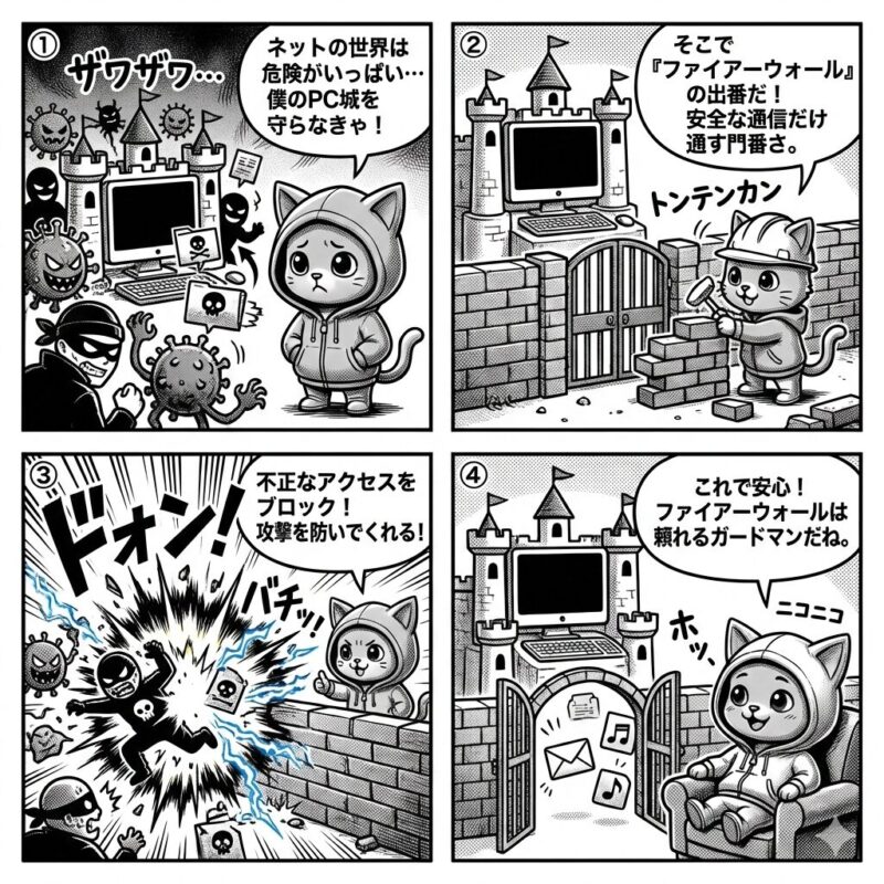 銀色の猫キャラクターが、コンピュータを外部の脅威から守る「ファイアーウォール」の役割と仕組みを、城と門番の比喩を用いて解説する4コマ漫画。