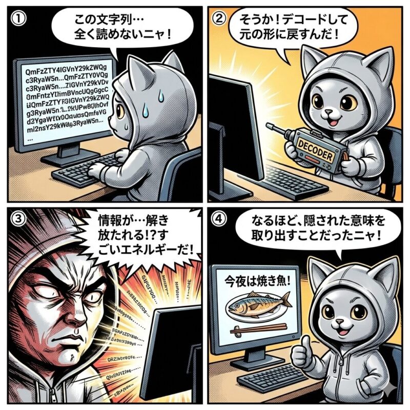 銀色のパーカーを着た猫のキャラクター「デプロイ太郎」が、コンピュータにおける「デコード(復号)」の仕組みと、隠された情報を取り出すプロセスを解説する4コマ漫画。