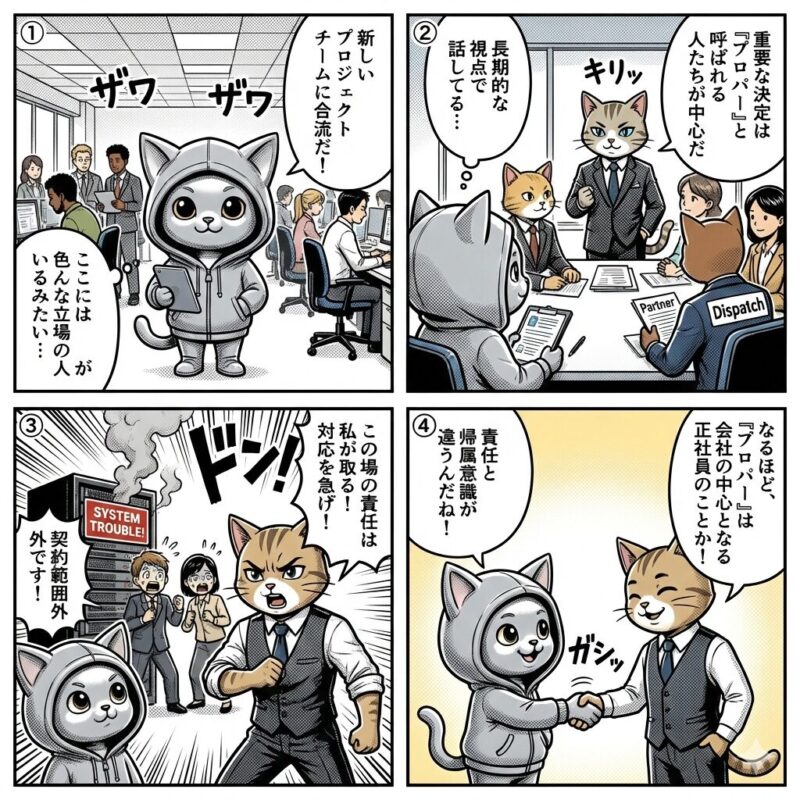 銀色の猫キャラクター「デプロイ太郎」が、IT業界における「プロパー(正社員)」の役割と責任を解説する4コマ漫画。