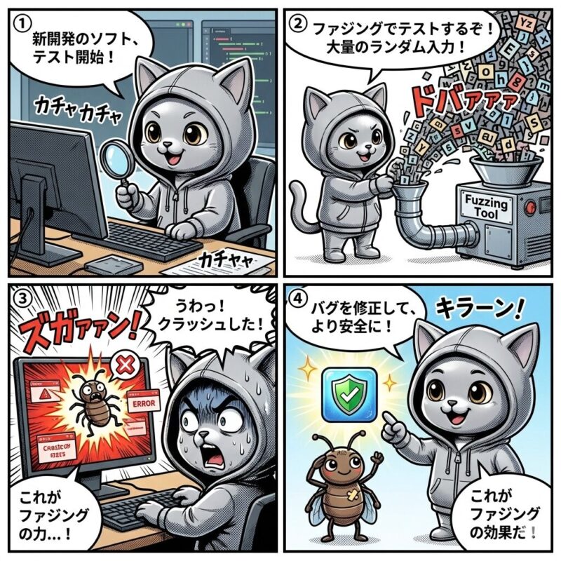 銀色の猫キャラクター「デプロイ太郎」が、ソフトウェアテスト手法「ファジング」の仕組みと効果を解説する4コマ漫画。