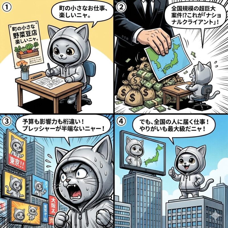 銀色のパーカーを着た猫のキャラクター「デプロイ太郎」が、全国規模の顧客である「ナショナルクライアント」との仕事の規模感と、それに伴うプレッシャーややりがいを経験する4コマ漫画。