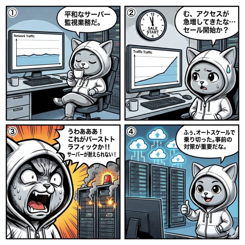 銀色の猫のキャラクター「デプロイ太郎」が、突発的なアクセス集中(バーストトラフィック)の脅威と、それをオートスケール機能で解決する様子を解説する4コマ漫画。