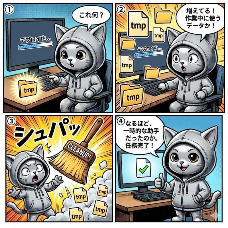 銀色の猫キャラクター「デプロイ太郎」が、作業中に生成される一時ファイル(tmpファイル)の役割と、作業完了後に自動的に削除される仕組みを理解する様子を描いた4コマ漫画。