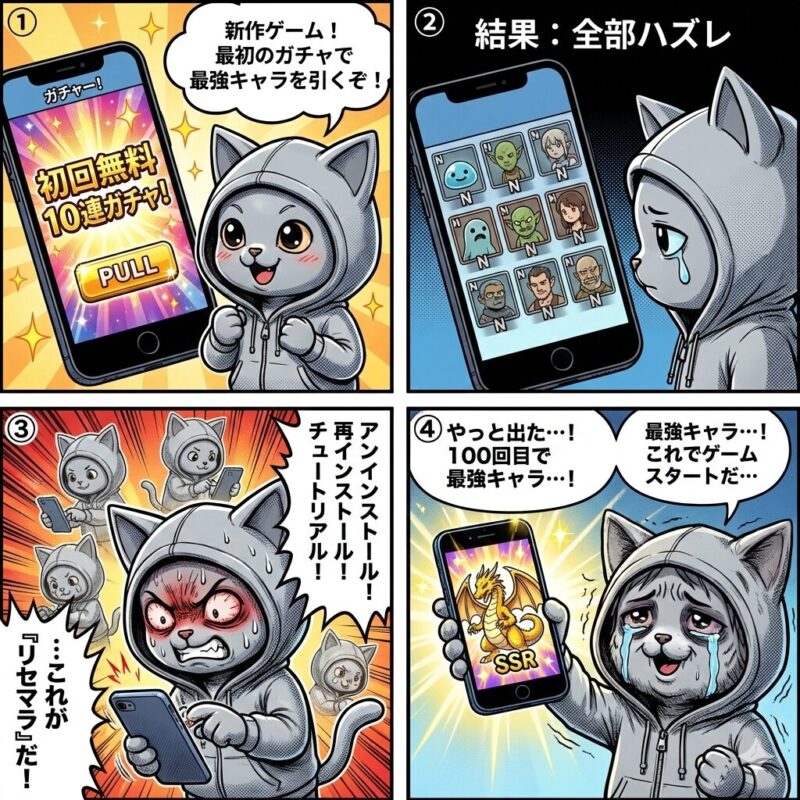 スマホゲームで最強キャラが出るまでアンインストールと再インストールを繰り返す「リセマラ」の過酷な過程と、ついに目的を達成した瞬間を描いた4コマ漫画。