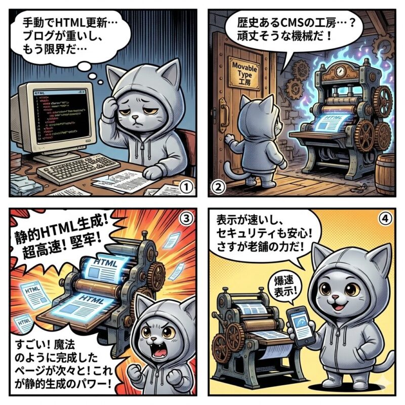 老舗CMS「Movable Type」の特徴である静的HTML生成による高速表示と強固なセキュリティについて、デプロイ太郎が体験を通じて学ぶ4コマ漫画。