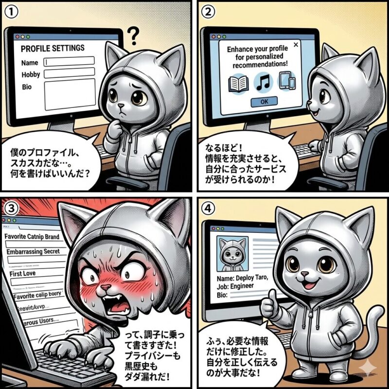 銀色のパーカーを着た猫のキャラクター「デプロイ太郎」が、オンラインのプロフィール設定において、情報過多の失敗を経て、適切な情報で自分を伝える重要性を学ぶ4コマ漫画。