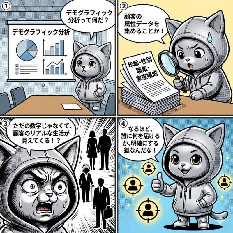銀色のパーカーを着た猫のキャラクター「デプロイ太郎」が、デモグラフィック分析の意味と重要性を学ぶ4コマ漫画。