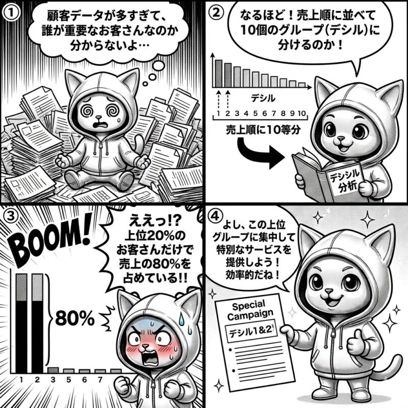 デプロイ太郎が「デシル分析」を用いて、膨大な顧客データを売上順に10等分し、重要顧客を特定して効率的な施策を行うまでの流れを解説する4コマ漫画。