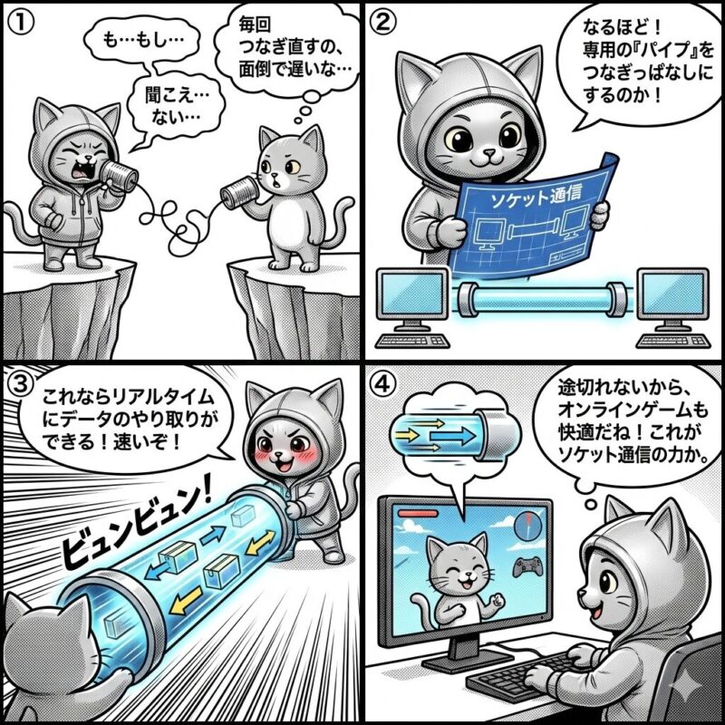 デプロイ太郎が、糸電話のような非効率な通信から、専用のパイプを持続的に接続するソケット通信の仕組みを学び、高速でリアルタイムなデータ通信を実現する様子を描いた4コマ漫画。
