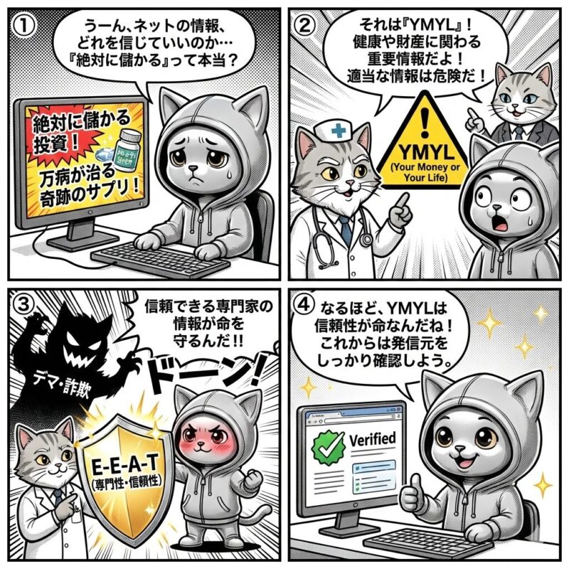 デプロイ太郎が、インターネット上の健康や財産に関わる重要な情報「YMYL」において、専門性と信頼性(E-E-A-T)がいかに重要かを学ぶ4コマ漫画。