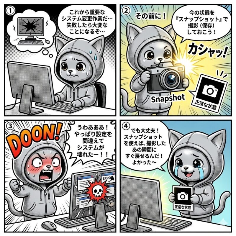 デプロイ太郎がシステム変更作業の失敗を、事前に取得したスナップショットを用いて正常な状態へ復旧させる様子を描いた4コマ漫画。