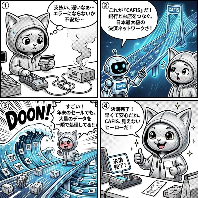 デプロイ太郎が、古い決済ネットワークの遅さに悩み、高速で大量のデータを処理できる日本の決済ネットワーク「CAFIS」の仕組みと利便性を学ぶ4コマ漫画。