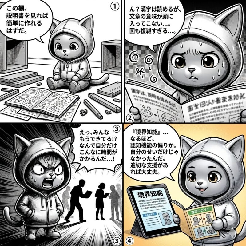 境界知能による学習や作業の困難と、適切な支援による理解を描いたデプロイ太郎の4コマ漫画。