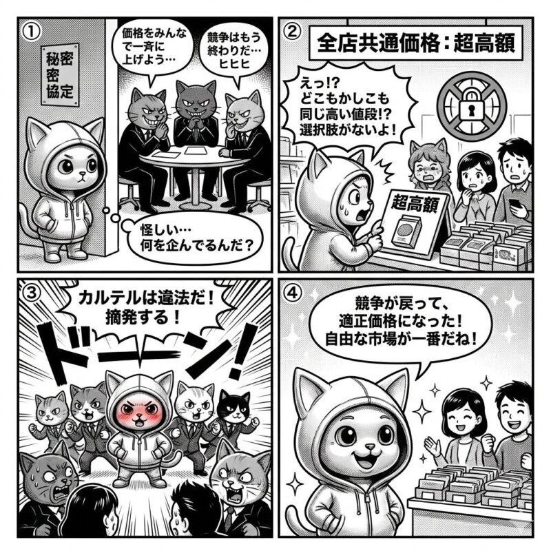 デプロイ太郎が、企業間の違法な価格操作「カルテル」を摘発し、自由な市場競争と適正価格を取り戻す様子を描いた4コマ漫画。