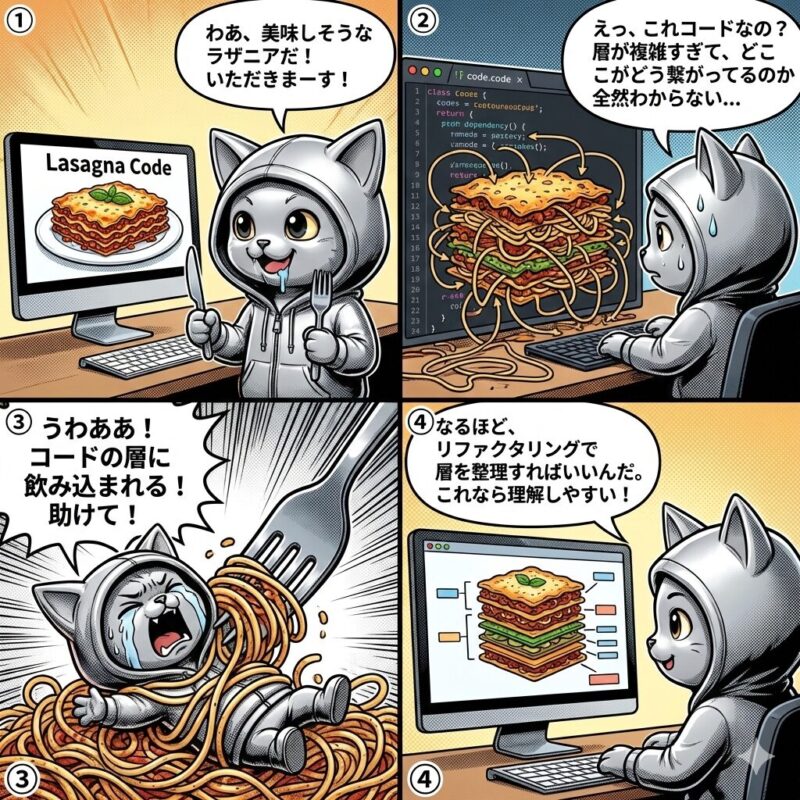 複雑に入り組んだ「ラザニアコード」に直面したデプロイ太郎が、リファクタリングによる解決を学ぶ4コマ漫画。