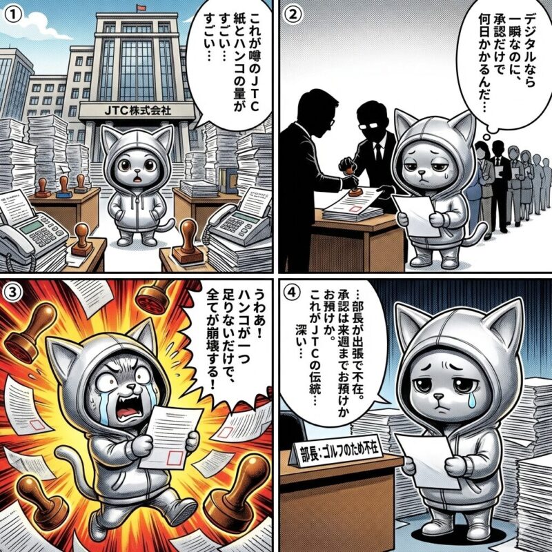 日本の伝統的な大企業(JTC)における、紙とハンコによる非効率な承認プロセスに翻弄されるデプロイ太郎を描いた4コマ漫画。