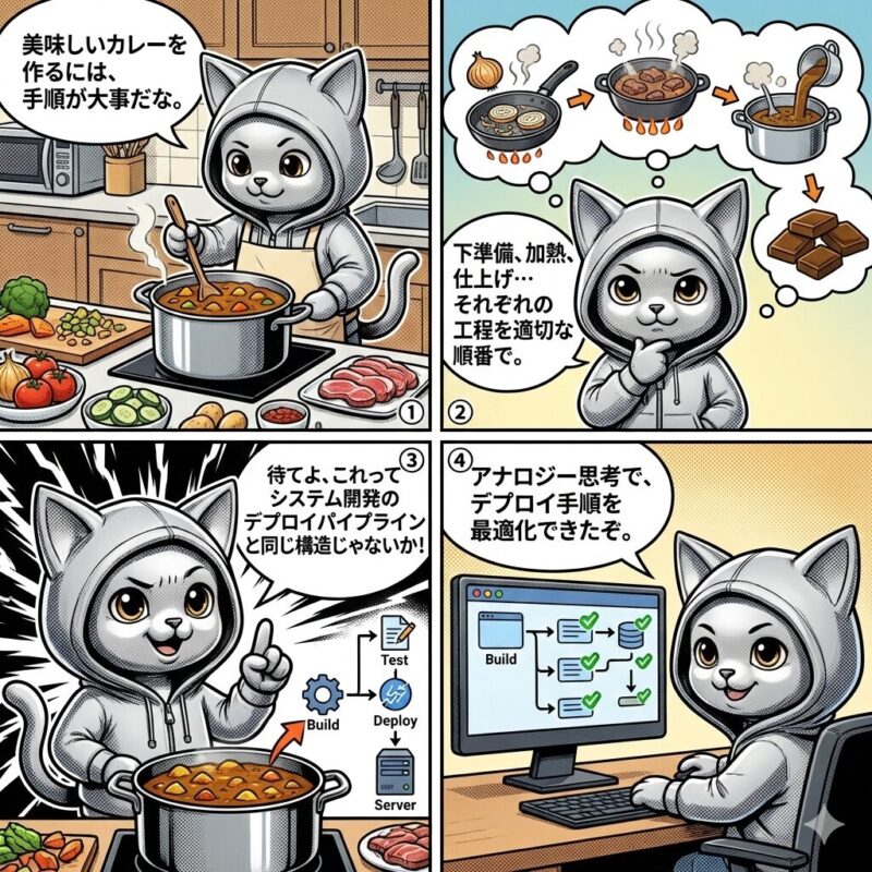 デプロイ太郎がカレー作りの手順をヒントに、アナロジー思考を用いてシステム開発のデプロイパイプラインを最適化する様子を描いた4コマ漫画。