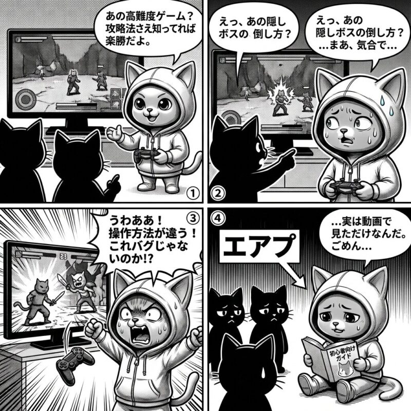 ゲームを未プレイなのに経験者ぶって知ったかぶり(エアプ)をし、実際にプレイして失敗し、嘘がバレてしまうデプロイ太郎を描いた4コマ漫画。