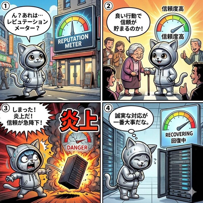 銀色の猫キャラクター「デプロイ太郎」が、良い行動で信頼(レピュテーション)を獲得し、失敗で失墜するも、誠実な対応で回復させる過程を描いた4コマ漫画。