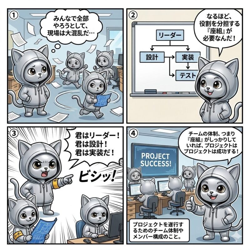 デプロイ太郎が、混乱した現場から役割分担を明確にする「座組」の重要性に気づき、チーム体制を整えてプロジェクトを成功に導くまでの4コマ漫画。