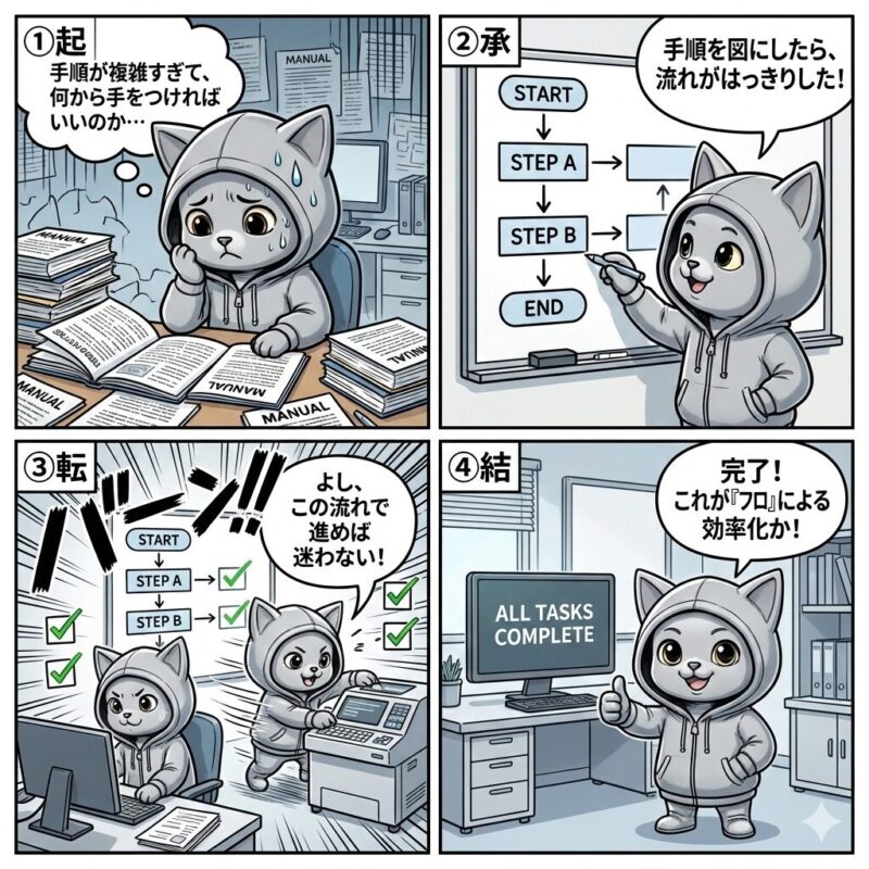デプロイ太郎が、複雑な作業手順をフローチャート化して整理し、効率的にタスクを完了させるまでを描いた4コマ漫画。