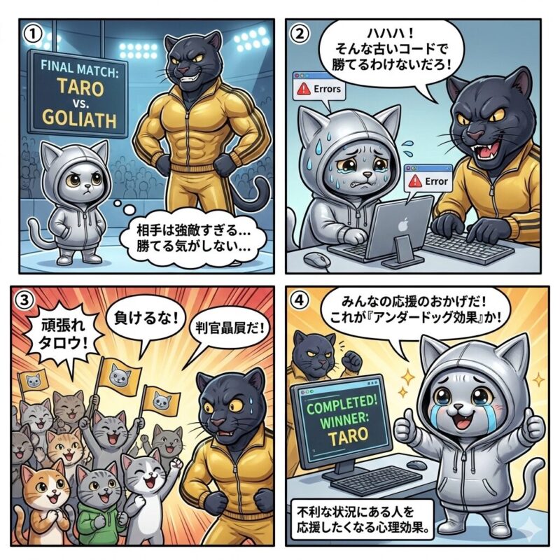 圧倒的に不利な状況にあるデプロイ太郎が、周囲からの同情と応援(アンダードッグ効果)を力に変えて強敵に逆転勝利する様子を描いた4コマ漫画。