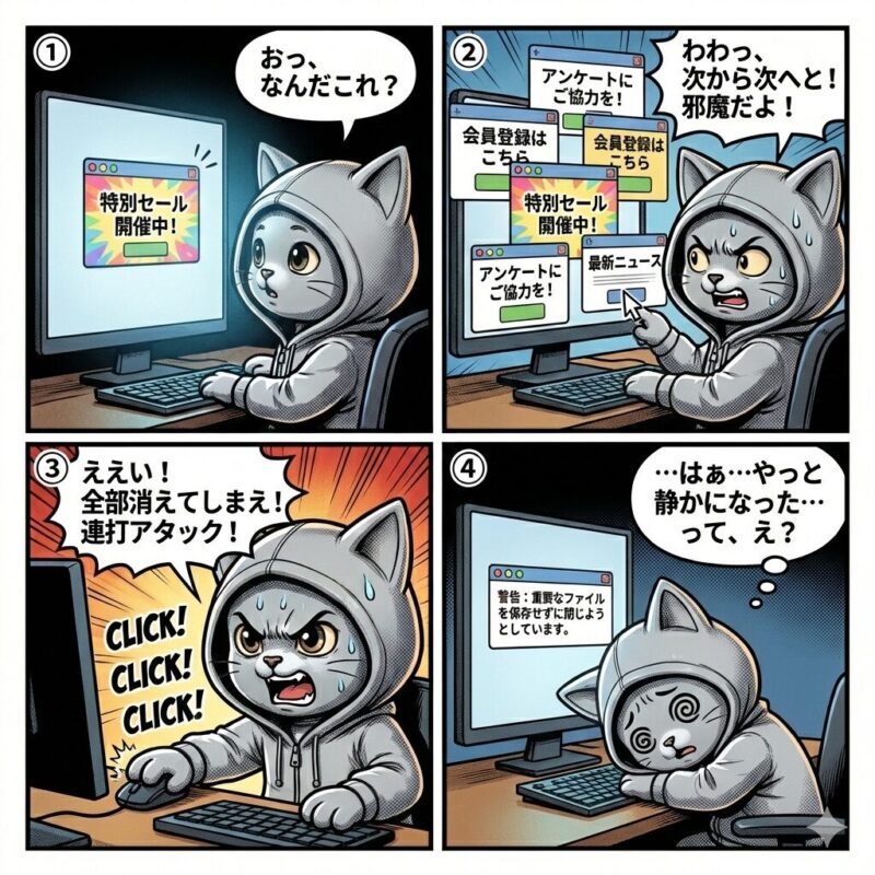 PC作業中に次々と現れるポップアップ広告に翻弄されるデプロイ太郎のトラブルを描いた4コマ漫画。