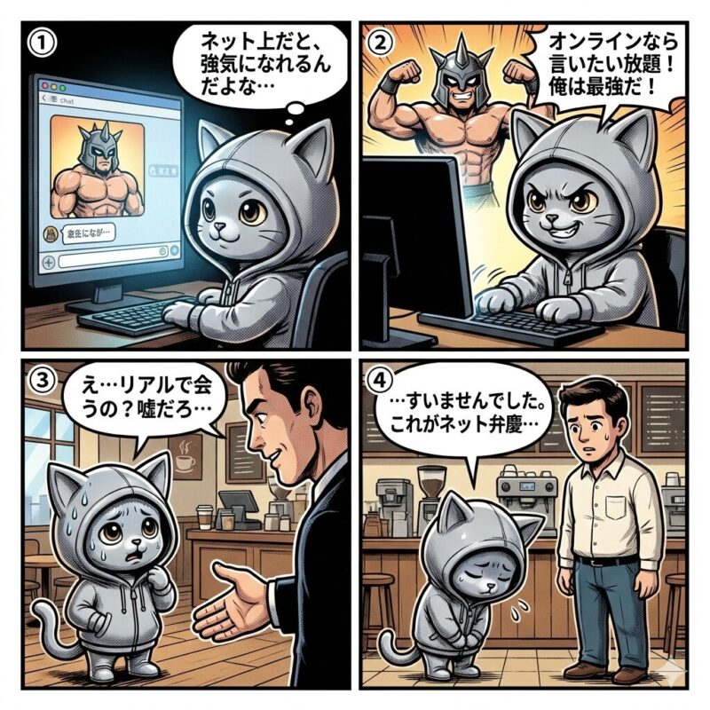 デプロイ太郎がオンラインでは強気だが現実では弱気になる様子を描いた、ネット弁慶を解説する4コマ漫画。