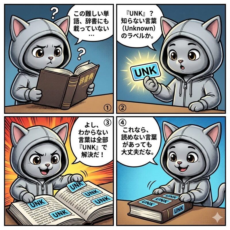 デプロイ太郎が読書中に辞書にもない未知の単語に遭遇し、「UNK(Unknown)」というラベルを使って未知の言葉を処理する方法を学ぶ4コマ漫画。