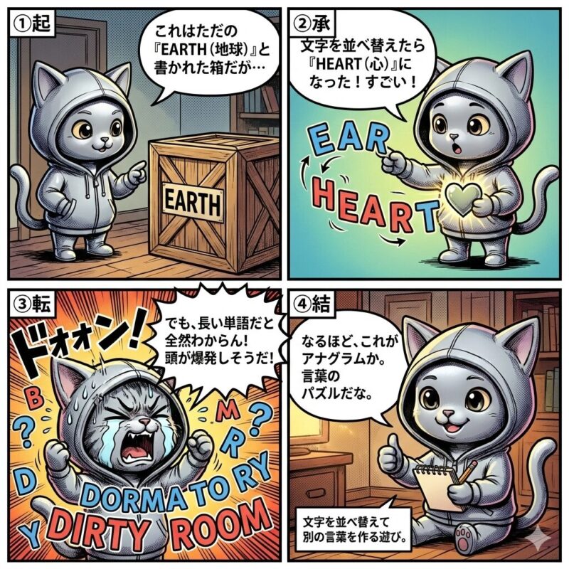 デプロイ太郎がアナグラムの仕組みを学ぶ4コマ漫画。文字を並べ替えて別の言葉を作る言葉遊びの概念を、簡単な例と難しい例を通じて解説している。