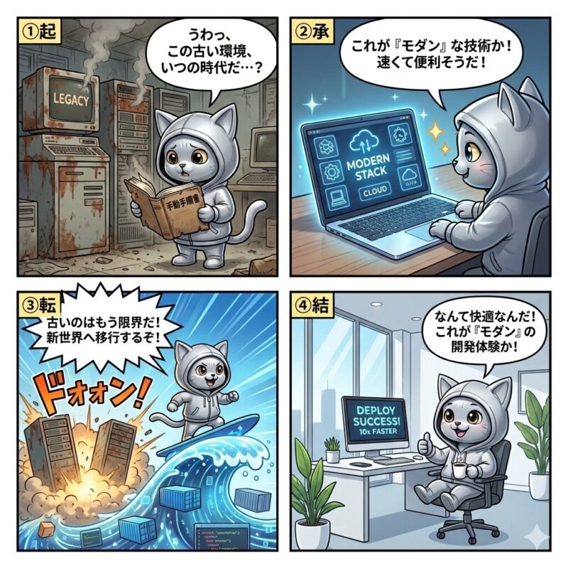デプロイ太郎が、古くて非効率なレガシー環境から、クラウドなどの最新技術を用いたモダンな開発環境へ移行し、その快適さと高効率を実感するまでを描いた4コマ漫画。