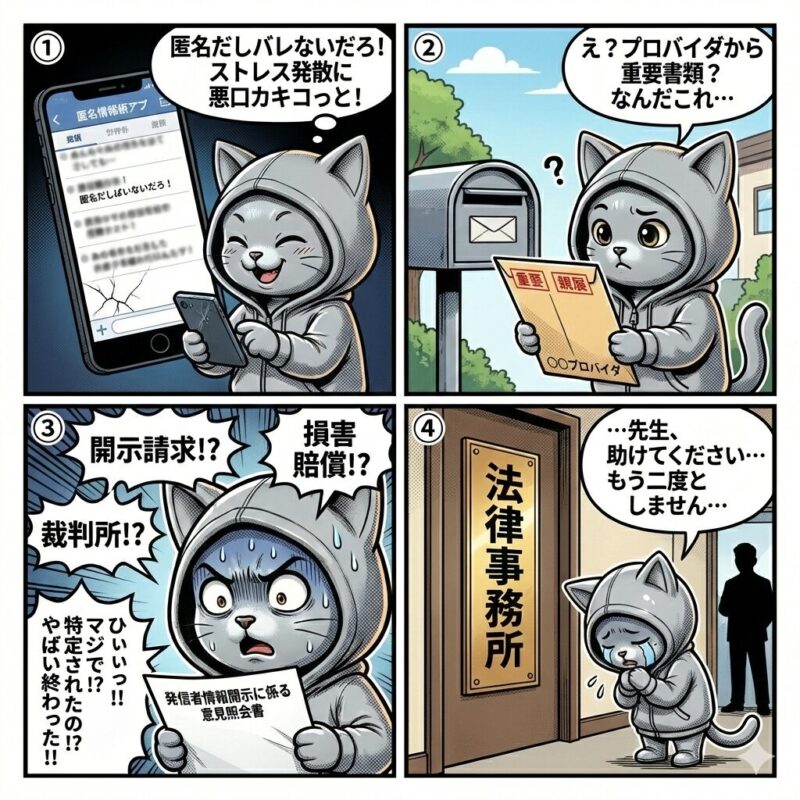 インターネットで匿名の悪口を書き込んだデプロイ太郎が、発信者情報開示請求を受けて法的責任に直面する様子を描いた4コマ漫画。